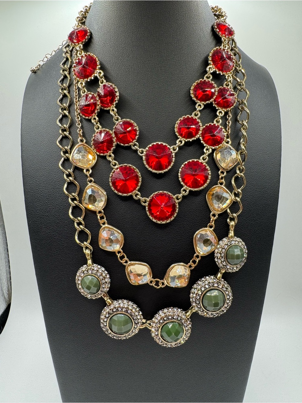 Set of 3 Gold-Tone Statement Necklaces with Red, Green, and Amber Stones
